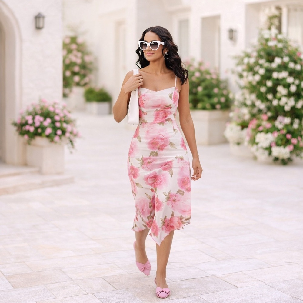 Pink Floral Midi Dress Coquette Whimsical Fairycore Barbiecore XS/S